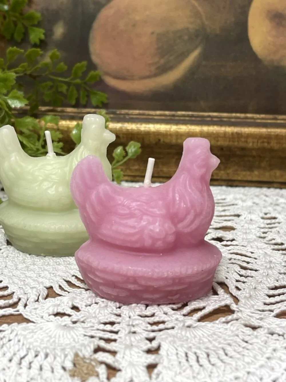 Chicken Hen On Nest Candle Set Of 3 Pink Green Purple 2 Inch